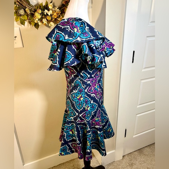 JOSIE NATORI One Shoulder Ruffled Peplum Hem Colorful Mini Dress Sz 6 - Picture 5 of 13